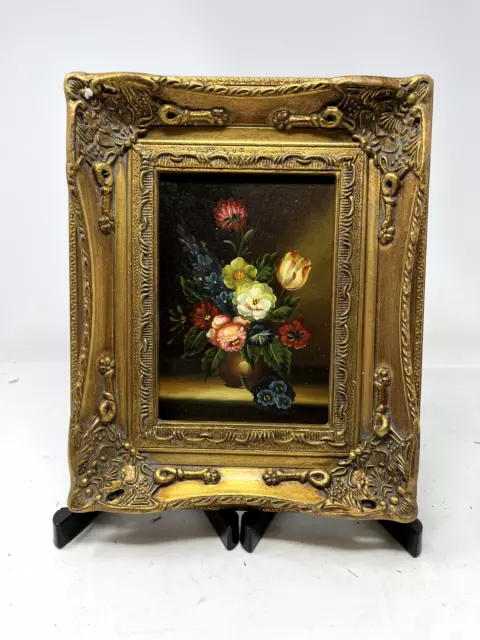 Dark Color Flowers Oil Painting Still Life 10.5X12 on wood