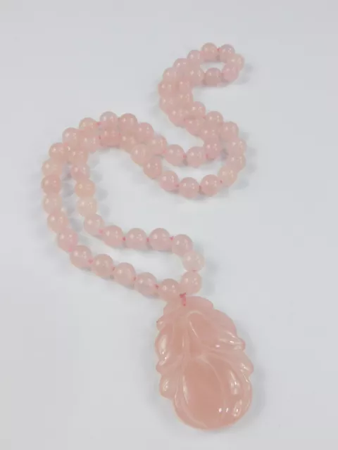 Vintage Pink Rose Quartz Beaded Chinese Carved Pendant Necklace 26"