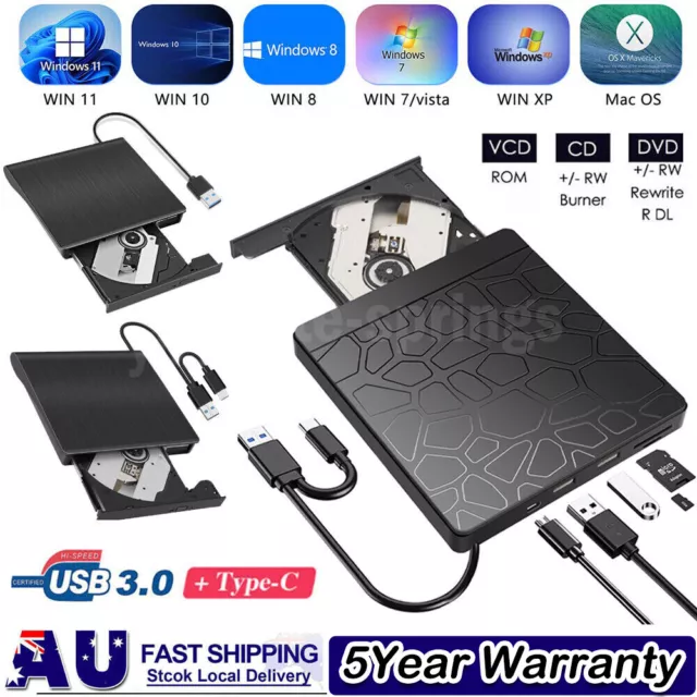 USB 3.0 Type C External DVD Writer Burner RW ROM Drive CD Player PC Laptop Mac