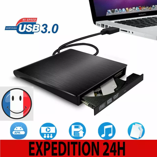 Graveur DVD-R Externe Lecteur CD-RW DVD USB 3.0 CD-ROM Portable Noir Neuf FR