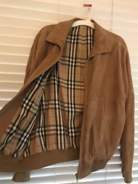 Burberry London Camel Brown Leather Bomber Jacket Nova Check Suede  Size 46