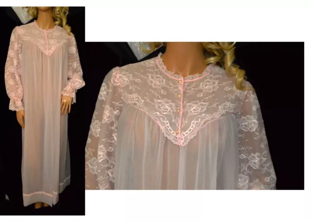 VTG Pink Sheer Chiffon Victorian lace Robe L