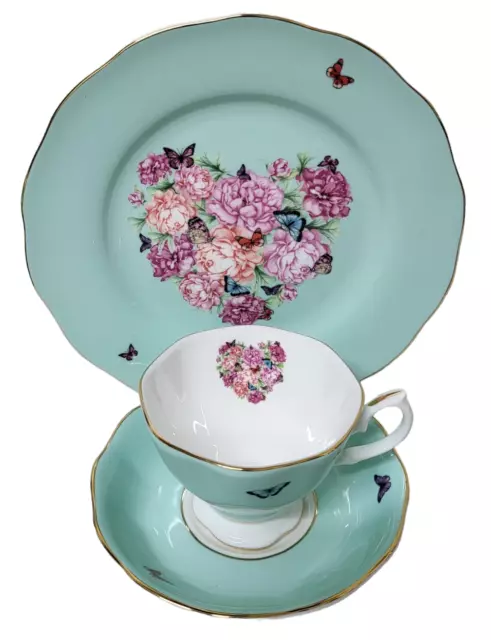 ROYAL ALBERT  Miranda Kerr Blessings Tea Cup & Saucer Green Butterfly Trio Set