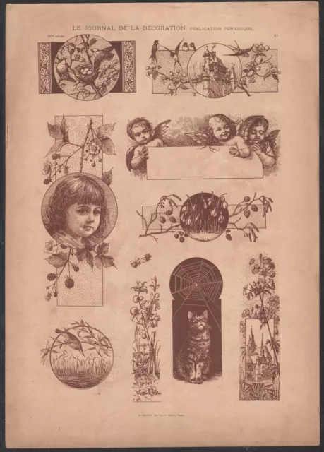 1900 Lithographie Journal de la décoration enfants chat oiseaux art nouveau