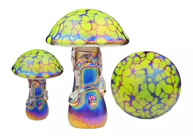 Neo Art Glass handmade green iridescent mushroom paperweight ornament