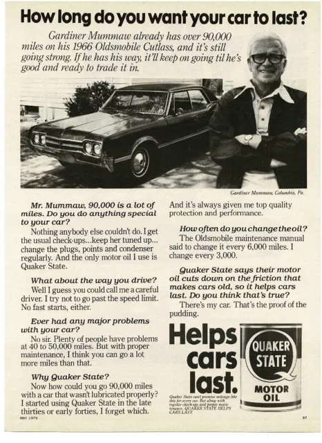 1979 QUAKER STATE Motor Oil GARDINER MUMMAW Columbia PA Vintage Print Ad