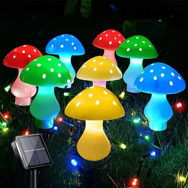 Solar Mushroom Fairy String Lights 8 LED Outdoor Garden Decor Yard Pathway Lamp