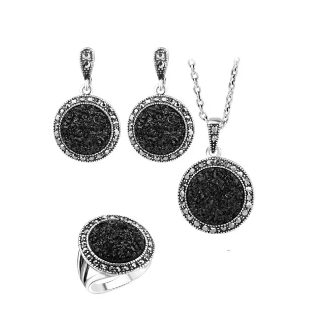 Women Shinny Black Choker Love Heart Jewelry Necklace Earring Ring Set Gift