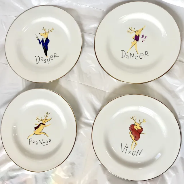 Pottery Barn Reindeer 4 Dessert Salad Plates 8.5" Dasher Dancer Prancer Vixen