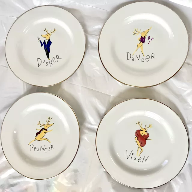 Pottery Barn Reindeer 4 Dessert Salad Plates 8.5" Dasher Dancer Prancer Vixen