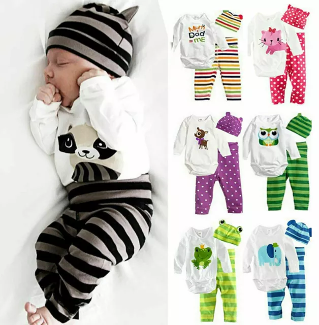 Baby Kids Boy Girl Outfit Set Long Sleeve Tops Romper Pants Hat Newborn Clothes