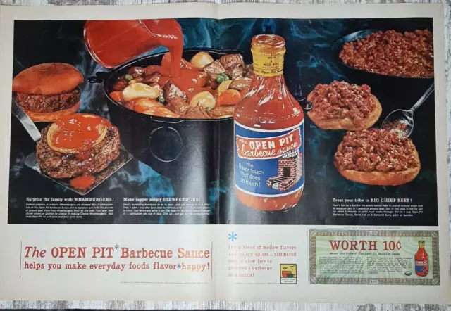 1961 Open Pit Vintage 2-Page Print Ad Barbecue Sauce Bottle Burger Stew Coupon