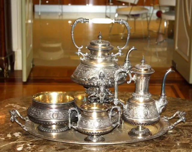 Magnificent 19C French 5P 950 Sterling Silver Tea Set, Tray (290 Oz.)