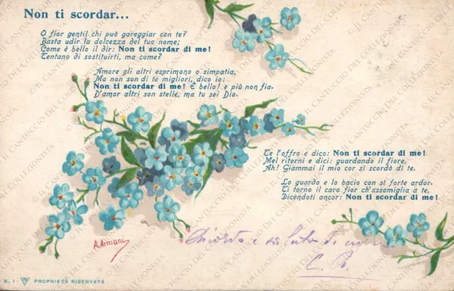 1903 Biglietto floreale Non ti scordar di me A. ARMANI Cartolina romantica 