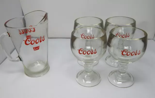 Vintage Coors Banquet Beer Pitcher 1970s Clear Heavy Glass Pitcher W/ 4 Goblets