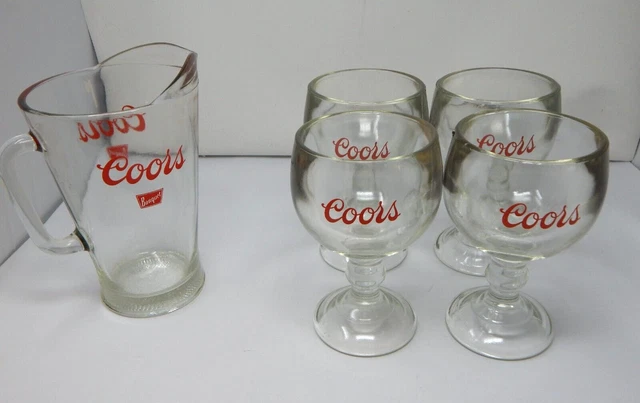 Vintage Coors Banquet Beer Pitcher 1970s Clear Heavy Glass Pitcher W/ 4 Goblets