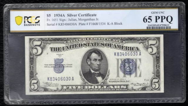 Fr. 1651 1934-A $5 Silver Certificate Pcgs Banknote Gem Uncirculated-65Ppq (D)