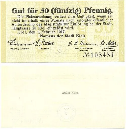 Kiel, 1 Schein Notgeld 1917, 50 Pfennig, Platzanweisung, Stadt Kiel