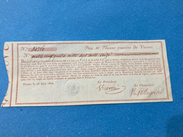 Biglietto Della Lotteria Villa Paganini-Villa-Gajone-Gaione Parma 1826-N.84716.