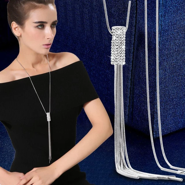 Women Tassel Long Necklace Rose Flower Pendants Rhinestone Chain Necklaces 1Pc