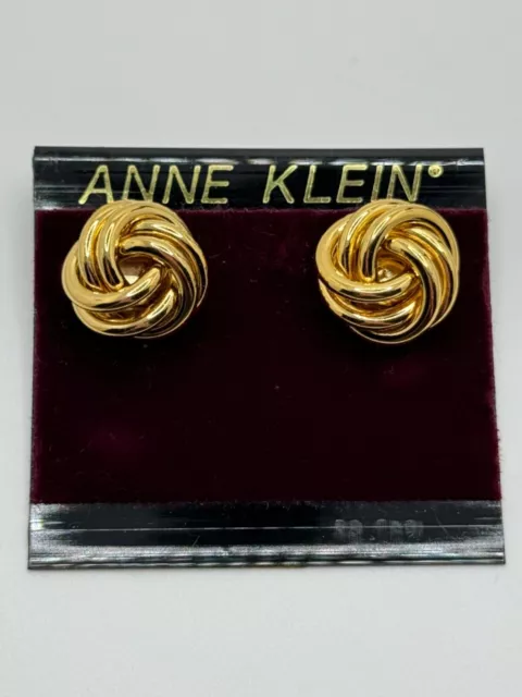 Vintage Anne Klein Gold Tone Knot Pierced Earrings On Original Card