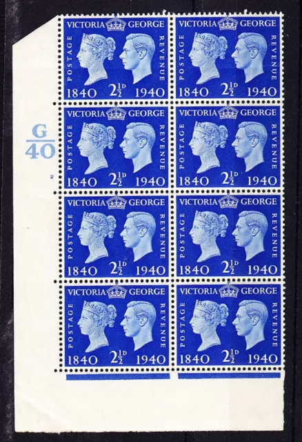 GB KGVI SG481 - 1940 Centenary 2 1/2d blue cyl G40/2 no dot - unmounted mint