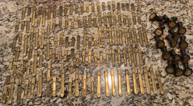 Antique Pump Organ Brass Reed Parts Lot Salvage 121 Pieces & 15 Knobs/Stops
