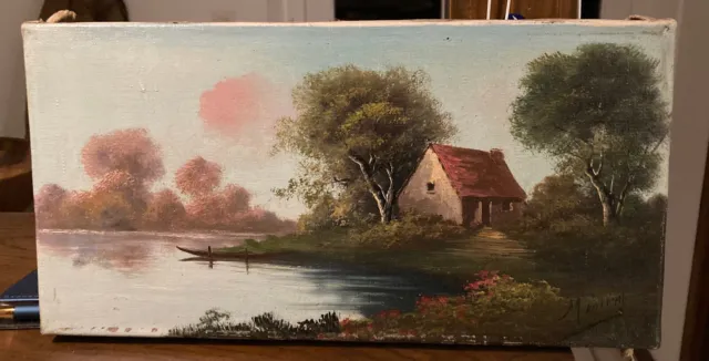 Peinture à l'huile signée Moniéry (école de Barbizon) paysage au bord de l'eau.