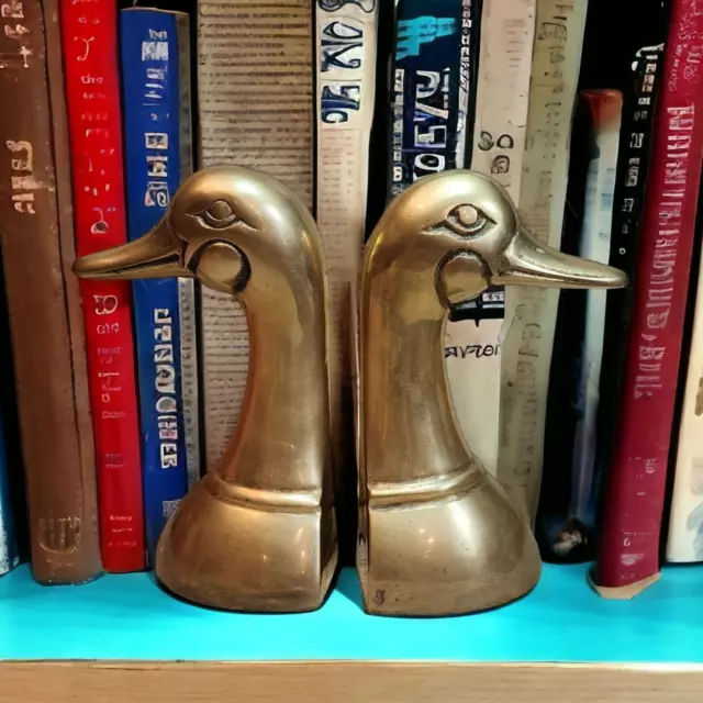 Duck Head Brass Bookends Set Of 2 6"  Made In Korea Patina Preppy Academia VTG