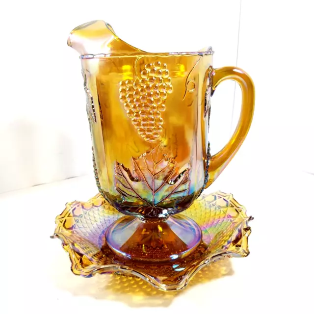VTG Large Indiana Iridescent Harvest Grape Amber Carnival Glass Pitcher & Dish