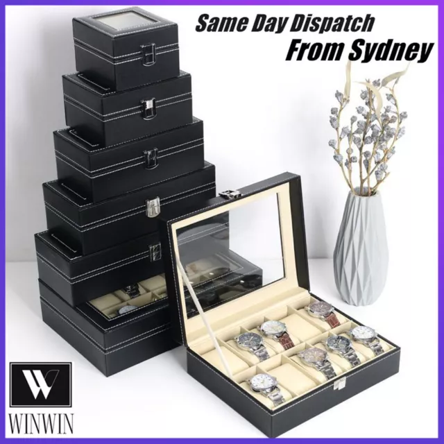 6/10/12 Grids Watches Display Case PU Leather Jewelry Storage Box Organizer AU