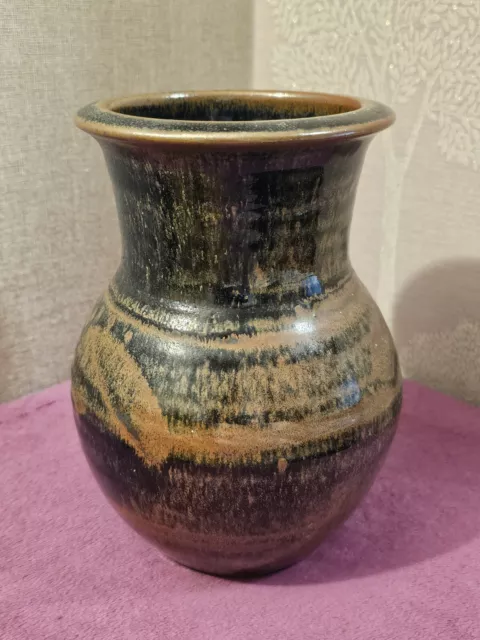 Urn Shaped Glazed Pottery Vase in Brown/Black - 21 cm