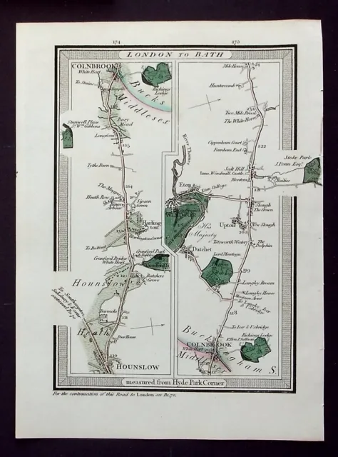 HOUNSLOW, COLNBROOK, DATCHET, WINDSOR, ETON, original antike Karte, MOGG, 1817