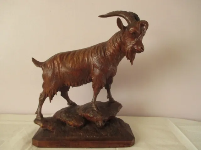 Rare Antique Large 14.5" Black Forest Carved Mountain Goat Swiss Wood Carving