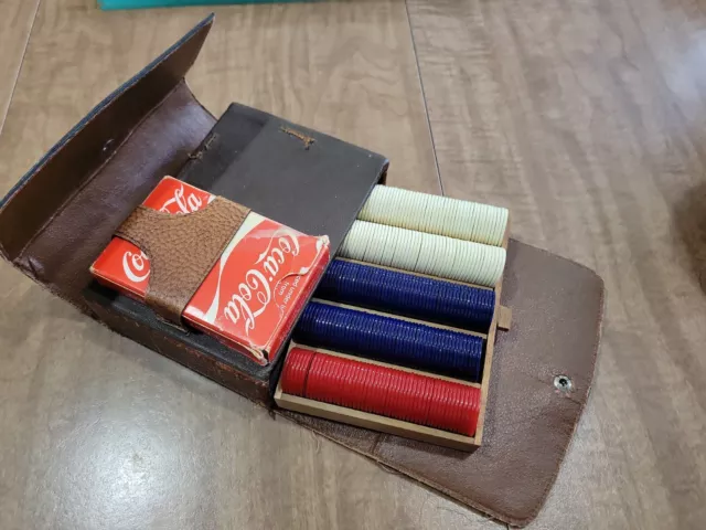 Vintage Leather Card & Poker Chip Case with chips.