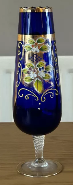 Vintage Bohemian Cobalt Blue Glass Vase Gold Gilt Floral Hand Painted 10”