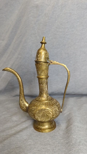 Vintage Solid Brass Teapot Genie Lamp Pitcher Made in India 9" Ornate Etched