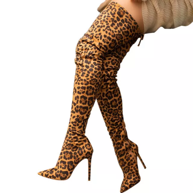 Womens Leopard Print Thigh High Stretch Riding Boots Pointed Toe Heels Stilettos