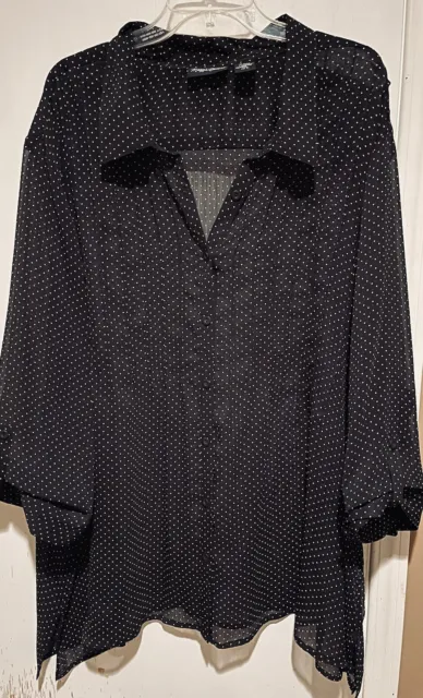 Maggie Barnes Plus 5X 34/36W Shirt Top Pintuck Sheer Black Polka Dot Blouse EUC