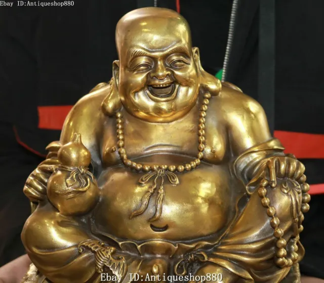 10 "Bronze pur Bouddhisme Heureux Rire Maitreya Bouddha Bouteille Gourde Statue 2