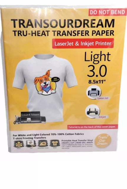 TRANSOURDREAM TRU-Heat Transfer Paper Light  3.0 for T-Shirts 20 Sheets, 8.5x11