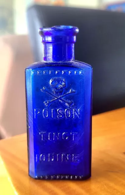 "3" Cobalt Blue Skull & Crossbones Bottle Embossed POISON TINCT IODINE