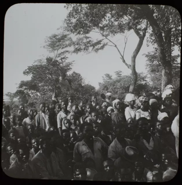 ANTIQUE Magic Lantern Slide LARGE GROUP OF PEOPLE C1910 PHOTO TANZANIA ? AFRICA