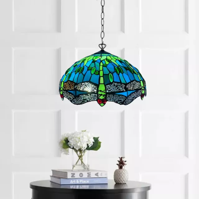 Antique Tiffany Dragonfly Style 16 Inch Green Pendant Lamp Shade Stained Glass