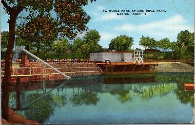 Swimming Pool At Municipal Park Marion Ohio OH Spring Fed UNP Linen Vtg Postcard