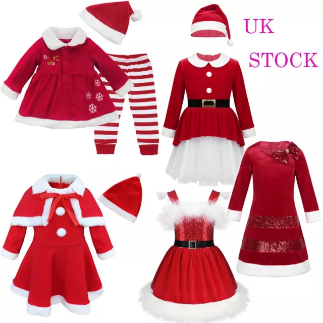 UK Kids Baby Girls Christmas Santa Claus Costume Tutu Fancy Dress Party Outfits