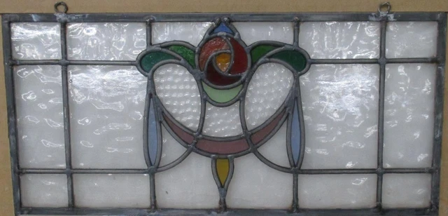 OLD ENGLISH STAINED GLASS WINDOW Unframed w Hooks Beautiful Floral 20" x 10"