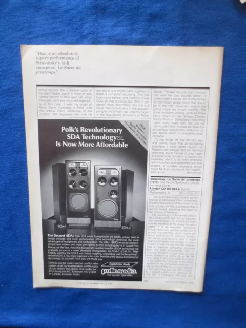 Polk Audio SDA-1 SDA-2 Speakers Magazine Ad  Audio October 1983 Original