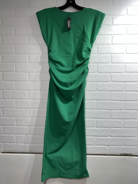 NWT! boohoo Shoulder Pad Ruched Front Crepe Midi Dress Emerald Green Size US 8