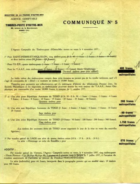 French Foreign Ministry: Offering Of Stamps For Rep. Of Togo: 1957 Ref: 2819R
